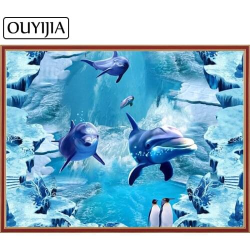 OUYIJIA 5D DIY Dolphins In The Sea Diamond Painting Rhinestone Cross Stitch Animal Embroidery Diamond Mosaic Home Decoration