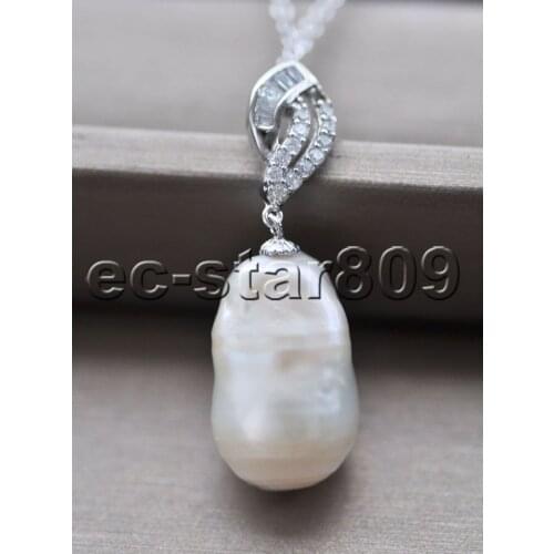P7445 26mm White Baroque-Drop Reborn Keshi Pearl Pendant Sterling-Silver CZ