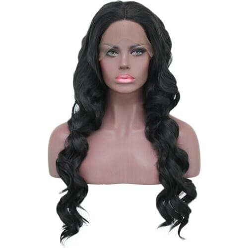 QUINLUX WIGS Natural Black Long Body Wave Synthetic Lace Front Wigs for Women Middle Part Glueless Heat Resistant Fiber Hair Wig