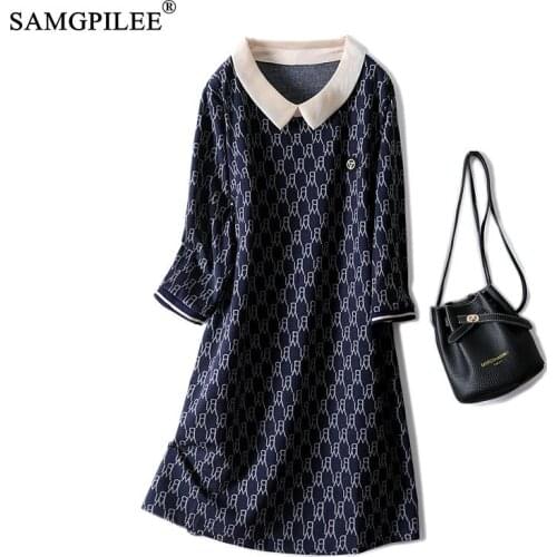 Casual Women Dresses 2021 New Organza Turn Down Collar Retro Letters Pattern Stretch Three Quarter Sleeve Womens Autumn Dress