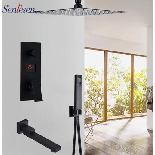 Senlesen Matte Black Bathroom Shower Faucet Set 304 Ultra thin Rainfall Shower Head System Bathtub Shower Mixer Faucet Tap