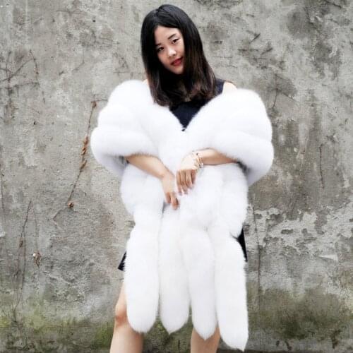 CX-B-32 Real White Fox Fur Shawls Lady Luxury Genuine Big Long Fox Fur Shawl Cape