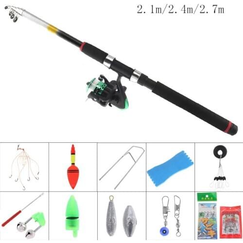 2.1m 2.4m 2.7m Fishing Rod Reel Line Combo Full Kits Spinning Reel Pole Set with Fishing Float Hooks Beads Bell Lead Weight Etc