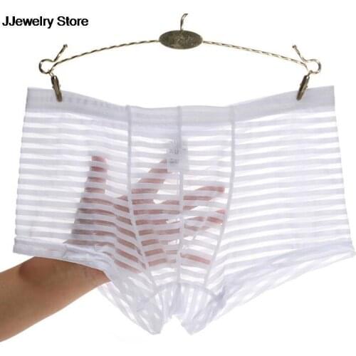 Boxer Mens Underwear Boxers Hot Sexy Stripe Mens Mesh Transparent Boxer Low Waist Ultra-thin Ice Silk Sexy Breathable Men