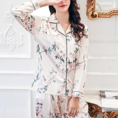 2021 Spring Womens Pajama 2Pcs Floral Print Long Sleeve Top Pants Imitation Silk Nightwear Pajama Set