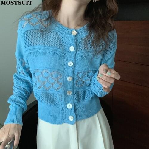 Vintage Elegant Women Cardigan Sweater Autumn Full Sleeve O-neck Hollow Out Tassels Knitwear Solid Chic Ladies Jumpers Tops