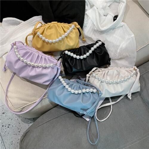 Women bag PU Bucket 2020 new Korean ladylike Ruched Pearl handle shoulder bag handbag purse luxury designer bag