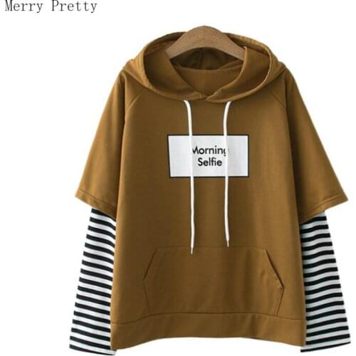 Women Hooded Sweatshirts Letter Print Striped Patchwork Hoodies 2021 Summer New Long Sleeve Casual Loose Drawstring Pullover Top