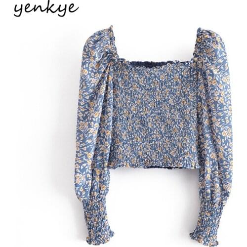 YENKYE Vintage Floral Print Crop Top Women Sexy Square Neck Lantern Sleeve Elastic Blouse Female Holiday Summer Chiffon Tops