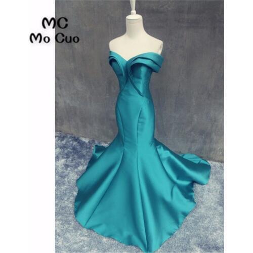 Popular 2019 New Teal Prom dresses Long Pleat Draped Satin Vestidos de fiesta Sweep Train Formal Evening Dress for Women