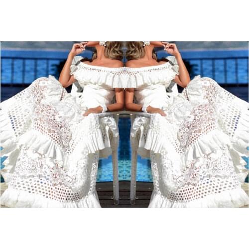 Women Sexy Off Shoulder Hollow Out Bohemian Dress Fashion Pretty Lady Strapless Dress Floor-Length Sheath Lace Ruffles Dresses