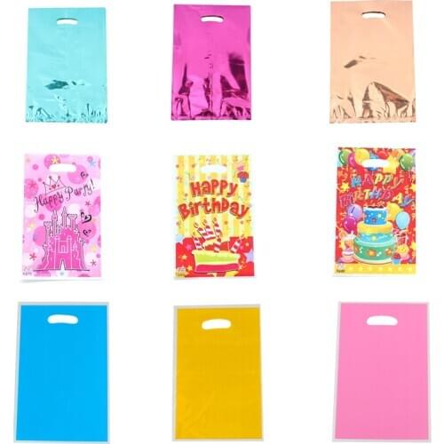 10pcs/lot Pink Blue Gifts Bags Happy Birthday Party Decorations Baby Shower Girls Kids Candy Bag Handles Plastic Bags Loot Bag