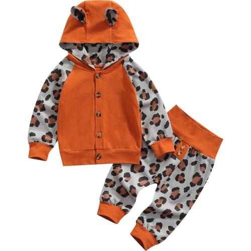 2021 0-18M Newborn Boy Girl Clothes Leopard Print Patch Button-down Color Block Long Sleeve Hooded Sweatshirt+Trousers Fall 2pcs