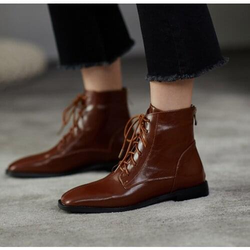 2021 Autumn New Lace Up Ankle Boots High Quality Genuine Leather Square Toe Soild Med Heel Women Shoes Hot Sale Work Warm Boots