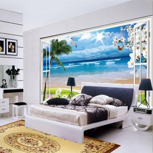 Beibehang papel de parede 3D large mural wallpaper window beach sea palm hut holiday backdrop custom photo wallpaper for walls