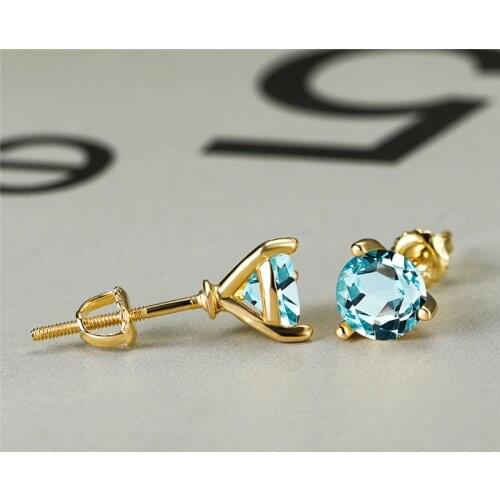 8MM Round Light Blue Zircon Yellow Gold Stud Earrings For Women Engagement Jewelry Rainbow Crystal Bridal Earrings Wedding Gifts