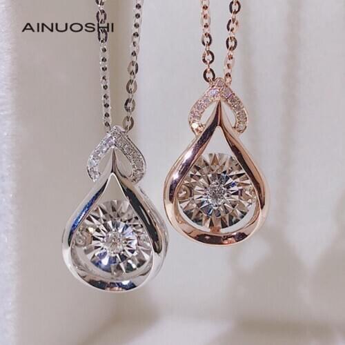 AINUOSHI Round Cut 0.07ct Real Diamond Peach Heart Dancing 18K Gold Pendant Necklace Trendy Star Same Style Jewelry 18