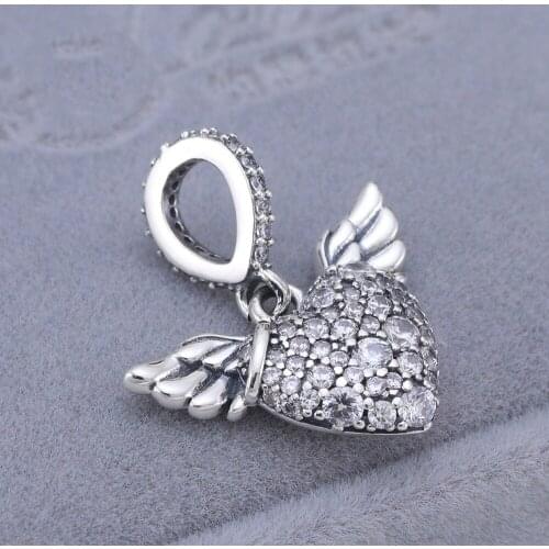 Free Shipping Authentic 925 Sterling Silver Angel Wings Dangle Heart Charms Fit Original Bracelets For Women DIY Jewelry Beads