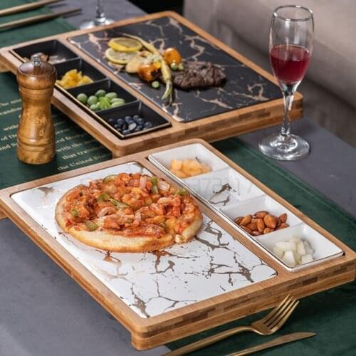 Nordic Restaurant Pizza Snack Plate Square Ceramic Service Plate Creative Marble Gold Pattern Western Dish with Grid Steak Plate