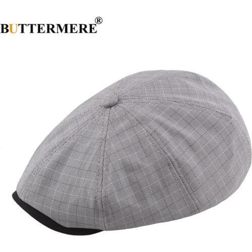 BUTTERMERE Spring Summer Eight Piece Cap Gray Plaid Male Newsboy Cap Casual Cotton Patchwork Brand Ivy Mens Beret Flat Cap
