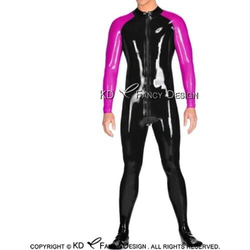 Black And Rose Red Latex Catsuit With Trims On Shoulder Front To Crotch Zipper Rubber Bodysuit Overall Zentai LTY-0181