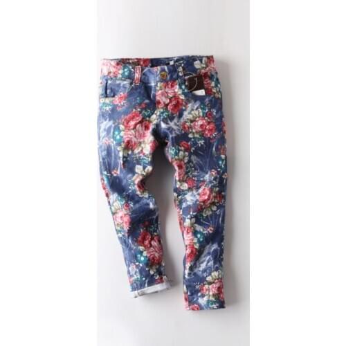 Floral girls jean trousers denim pants kids cotton childrens clothing fashion