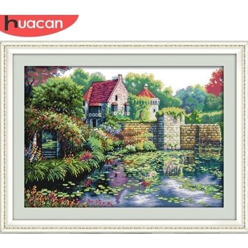 HUACAN Cross Stitch House Set DIY Needlework Cotton Thread Painting Kits Home Decoration 14CT Embroidery Scenery