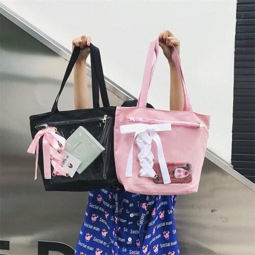 Japanese Style Girl Lovely personality Bowknot Shoulder Bag Woman Transparent Soft Animation Patchwork Casual Tote