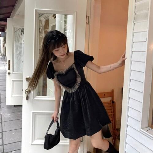 Women Summer Love Shape Bust Punk Lolita Cute Cool Black Short Sleeve Mini Dresses Soft Sister Girl Vintage Party Doll Vestidos