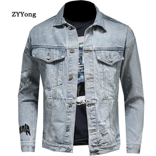 ZYYong Letter Embroidery Men Denim Jacket Lapel Slim Men Hole Denim Jacket Fashion Casual Motorcycle Light Blue Denim Jacket Men