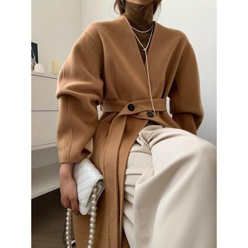 High-end minimalist style collarless design mid-length double-sided cashmere coat woolen coat female Korean version 21 new