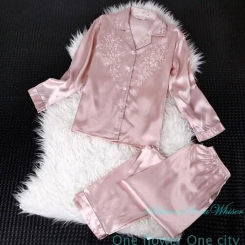 Mulberry silk pajamas Women Nighty ladies embroidered silk pajamas two-piece suit long-sleeved home service