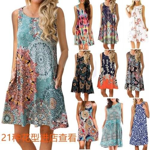 Dress Women Summer New 2021 No Sleeves Printed Header Element Posed Round Collar Vest Pocket Dresses Casual Vestidos BYT006