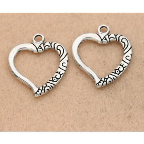 KJjewel Antique Silver Plated Heart Charms Pendant Bracelets Necklace Findings Jewelry Making Accessories DIY 24mm