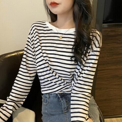 Casual Loose Striped Knitted T-shirt Women Contrast Color All-match Long Sleeve Crop Top