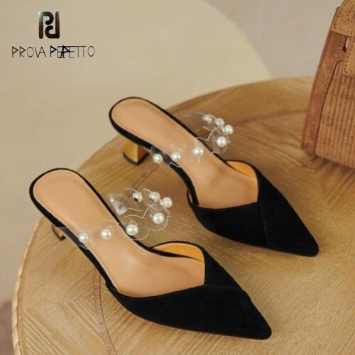 2021 summer cowhide pointed black high heel slippers pearl transparent belt thick heel half slippers Muller shoes women