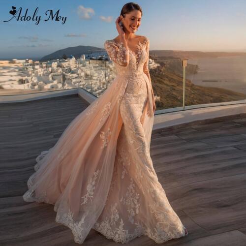 Adoly Mey Gorgeous Appliques Detachable Train Mermaid Wedding Dress 2021 Scoop Neck Beaded Sashes Long Sleeve Vintage Bride Gown