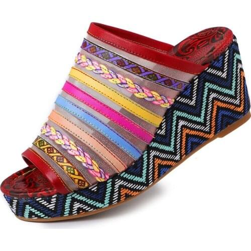 Genuine Leather Bohemian Luxury Slippers Women Shoes Breathable Wedges High heels 6CM Open Toed Women Shoes Colorblock Slip On