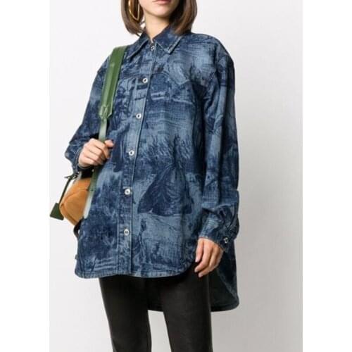 New 10.26 Autumn Winter Fashion Vintage Animal Print Pattern Long Sleeve Lapel Denim Shirt Coat Women Cotton Jacket Outerwear