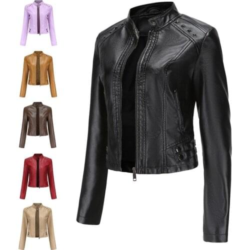 Fashion New 2021 Short PU Leather Jacket Women Rivet Spring Autumn Women Coat Long Sleeve Slim Casual Black Jacket Stand Collar