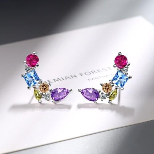 New Fashion Shiny Colorful Cubic Zircon Moon Earrings Good Quality Stud Earrings for Women Girls 925 Sterling Silver Jewelry