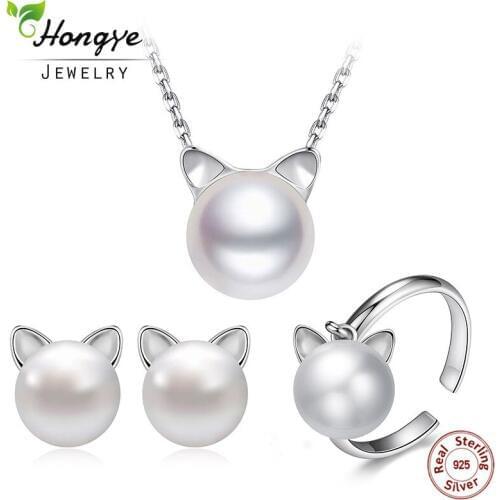 Hongye Natural Pearl Pendant Necklace 925 Sterling Silver Earrings Rings For Women Freshwater Pearl Cute Cat Jewelry Set 2020