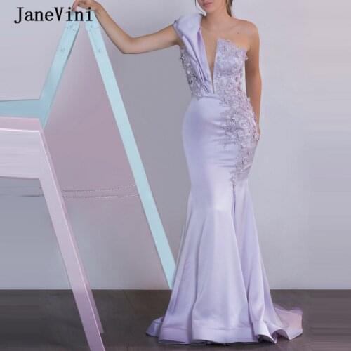 JaneVini Elegant Light Purple Mermaid Long Prom Dresses One Shoulder Handmade Flowers Beaded Sweep Train Satin Women Party Dress
