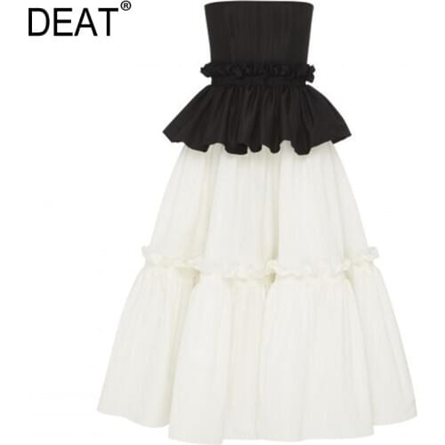 [DEAT] Women Patchwork Ruffles Pleated Temperament Dress New Strapless Sleeveless Loose Fit Fashion Spring Summer 2021 13S116