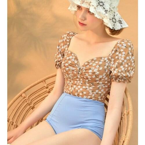 2019 New Women Swimsuit Two-piece Lovely Ruched V-neck Printing Short Sleeved Backless Split High Waist Boxer Trunks Beach Suit