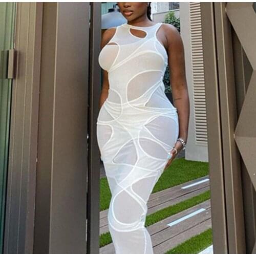 2021 White Hollow Out Long Dress Women Sleeveless See Through Sexy Party Dress Spring Female Fashion Slim Bodycon Dresses