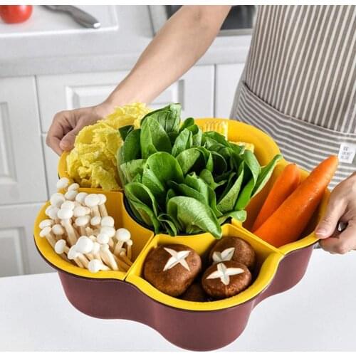 7 Grids Vegetable Fruit Storage Basket Pot Detachable Design Rotatable Bottom Turntable 2-layer Drainer Storage Basket