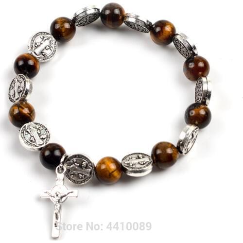 Tiger Eye Bracelets For Men Alloy St Benedict Beads Round Stone Bead