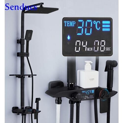 Digital Shower System Senducs Matte Black Bathroom Faucets 12 Inch Rainfall Shower Head Matte Black Thermostatic Shower Set