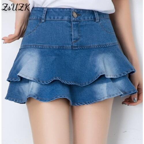 Denim Short Skirt Spring Summer Girl High Waist Ruffles Skirt Cute Preppy Style Sweet Mini Shorts Skater Skirt Blue Black